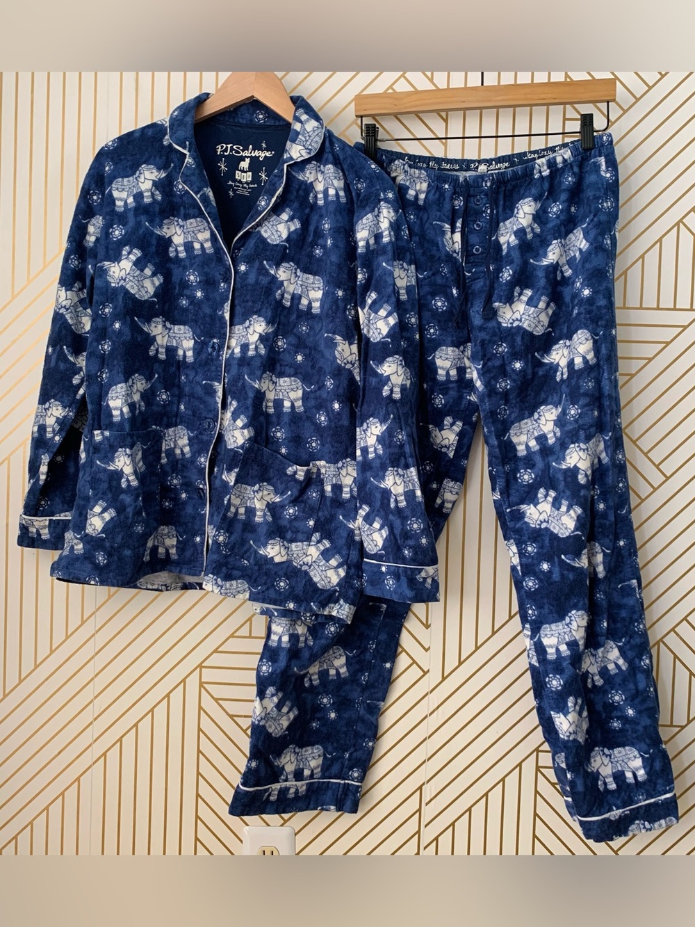 P.J. Salvage Elephant Parade 100% cotton Flannel Pajama Set blue white S boho